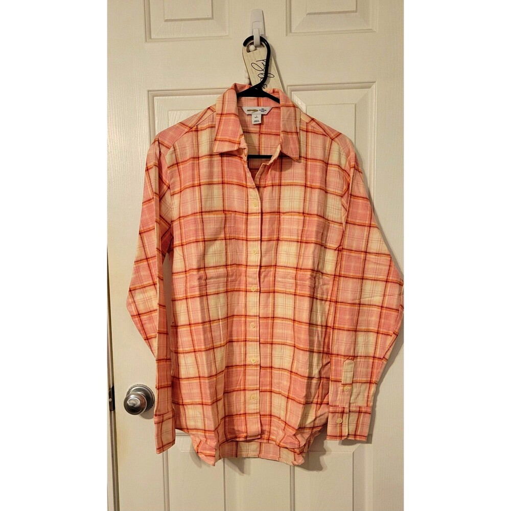 Old Navy The Boyfriend Shirt Womens Pink Plaid Flannel Sz Small Tall Button-Up